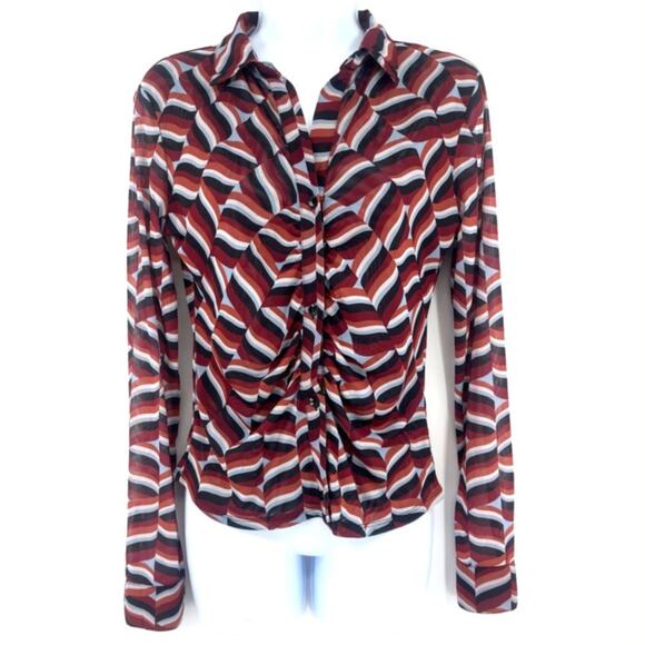 Y2K Retro Button Front Womens Top Sz M Sheer Indie Groovy 70s Mesh Ruching Wavy - Picture 1 of 11